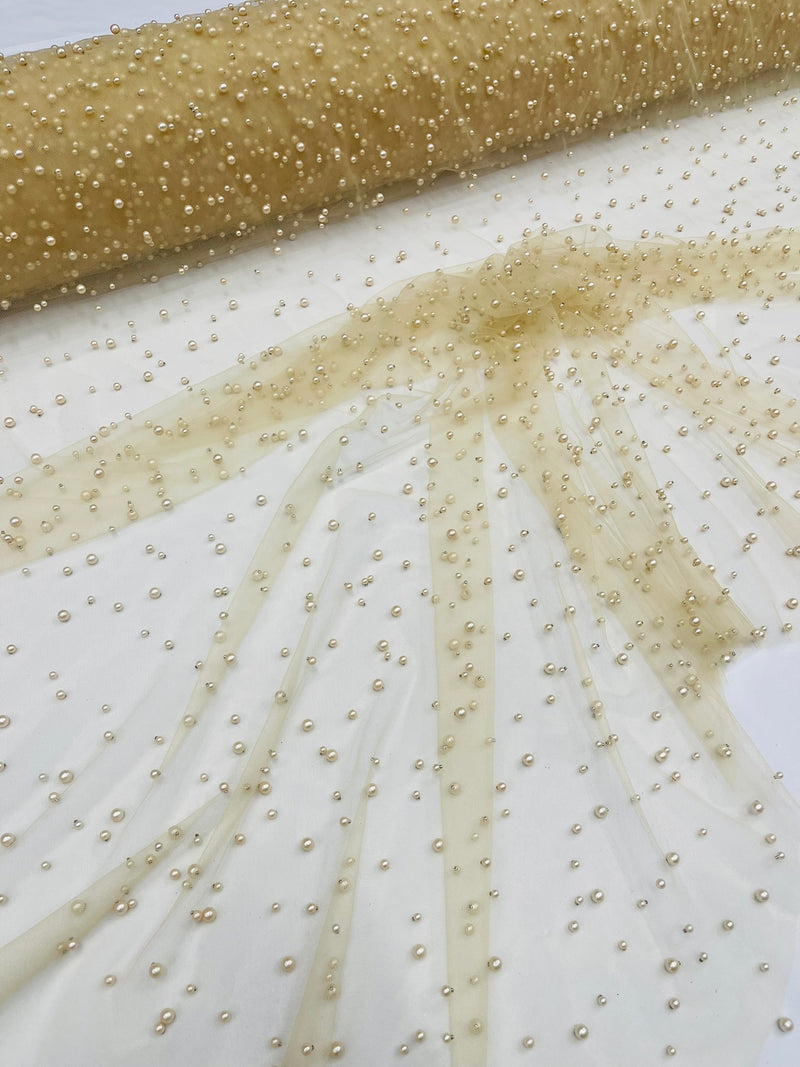 Heavy Scattered Pearls Studded Mesh, 2-Way Stretch, sold by the yard.