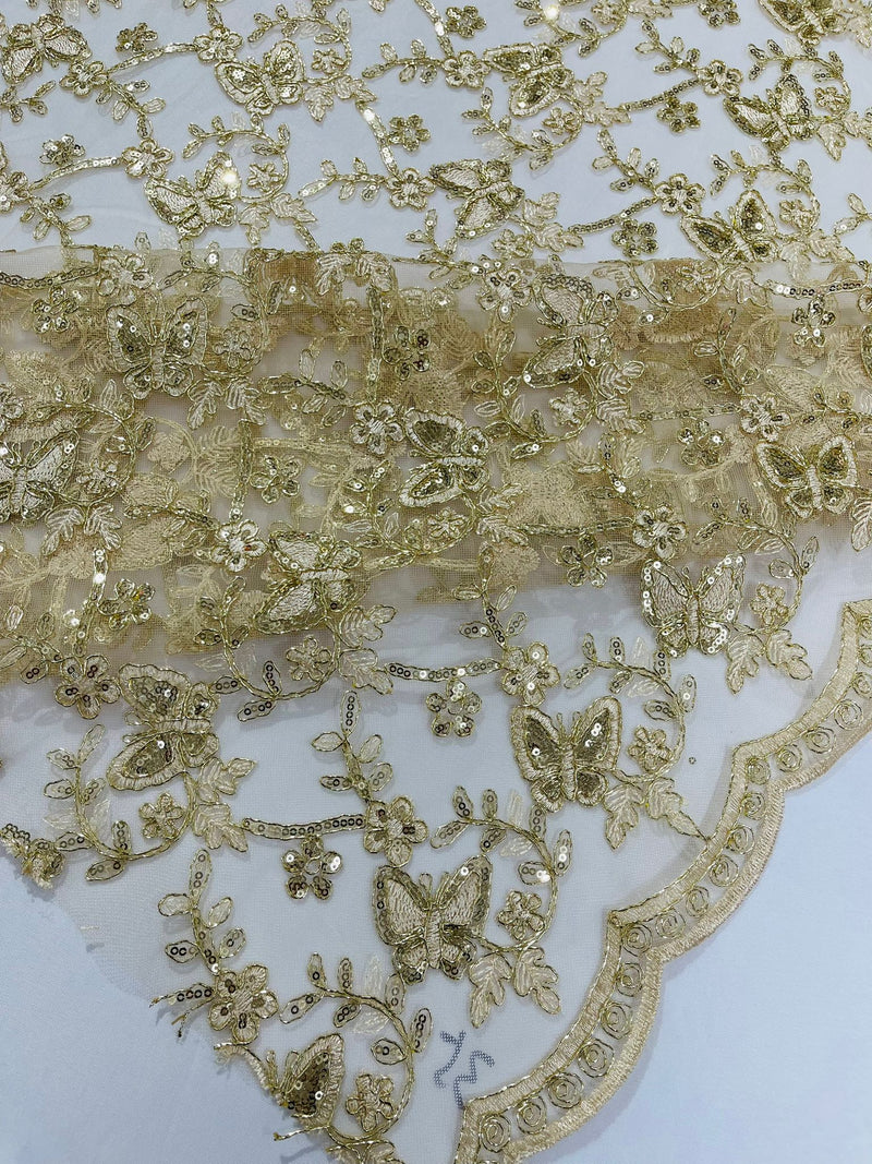 Corded Lace/ Butterfly Design Embroidered With Sequin on a Mesh Lace Fabric