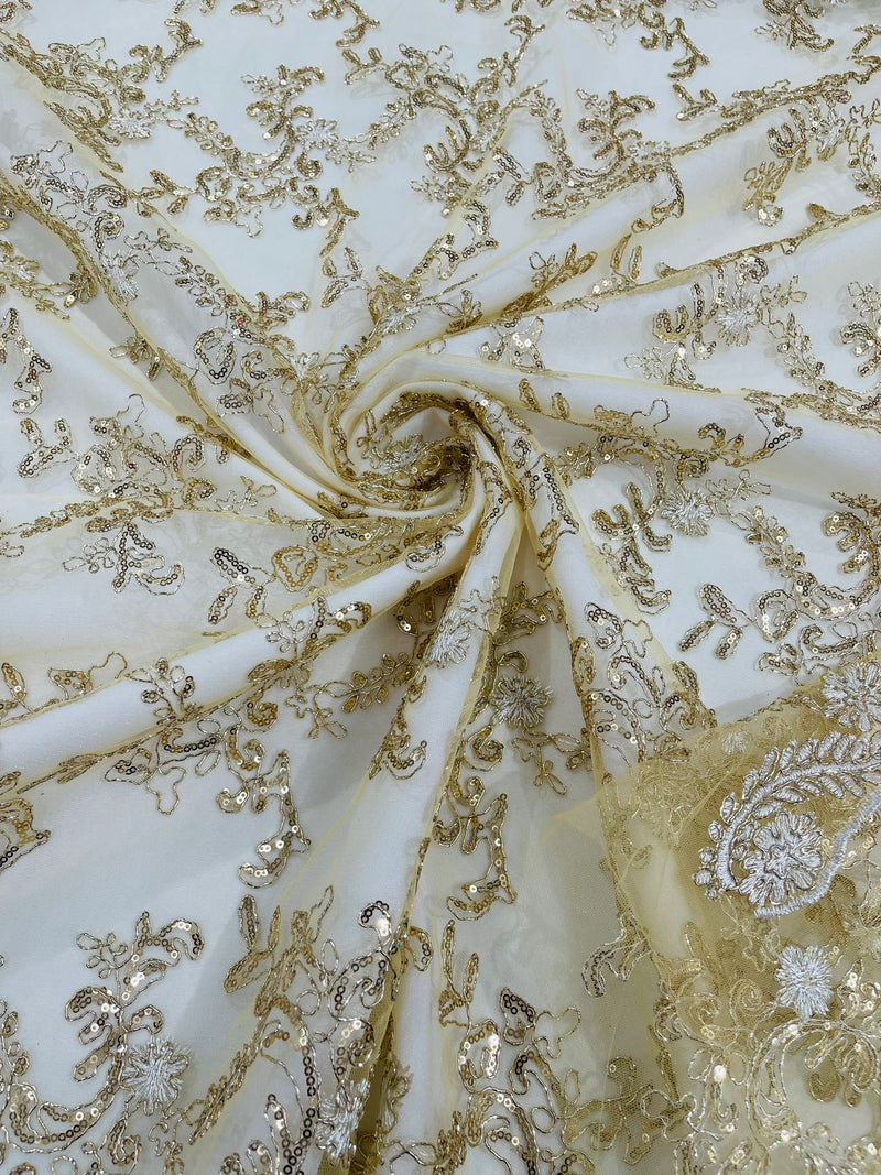 Champagne Flower lace corded and embroider with sequins on a mesh-Sold by the yard.