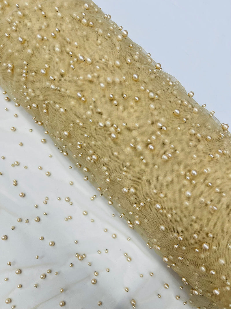 Heavy Scattered Pearls Studded Mesh, 2-Way Stretch, sold by the yard.