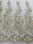 Princess Glitter 3d floral design embroidery with pearls in a mesh lace-sold by the yard.