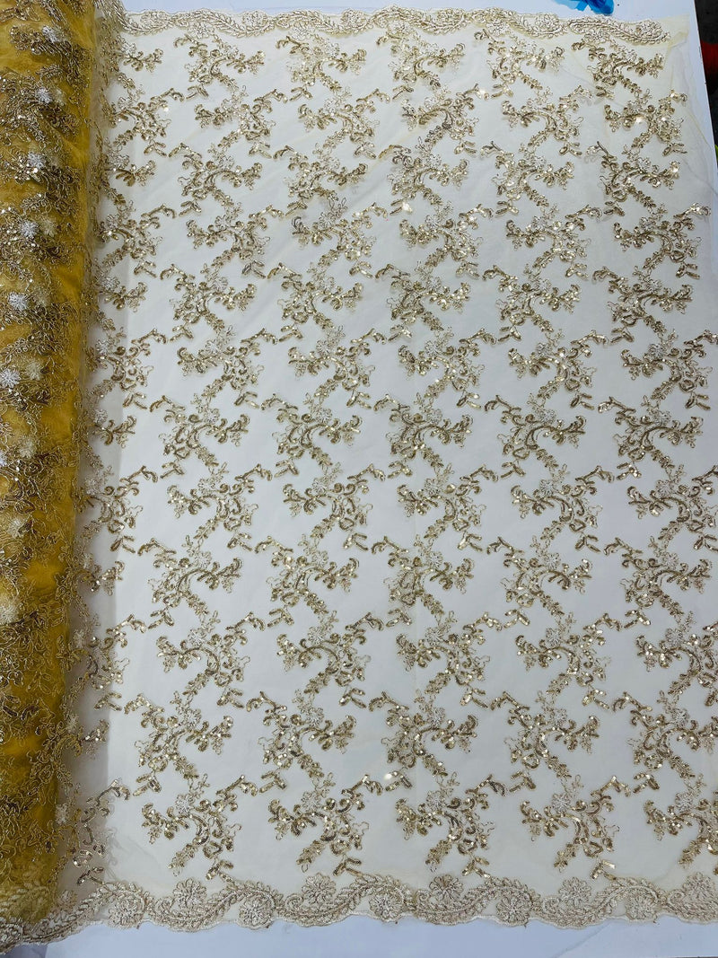Champagne Flower lace corded and embroider with sequins on a mesh-Sold by the yard.
