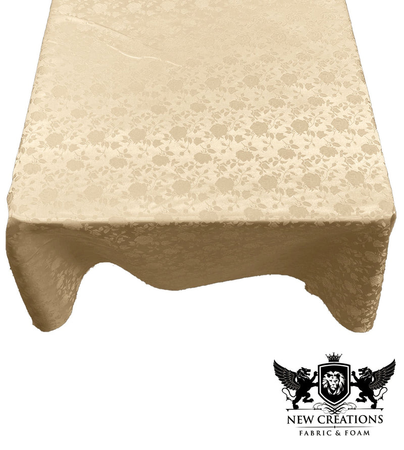 Champagne Square Tablecloth Roses Jacquard Satin Overlay for Small Coffee Table Seamless. (58" Inches x 58" Inches)