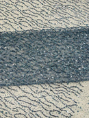 Sparkling Glitter Beads Sequin Fabric, Wave Design, Fabric Embroidered on a Mesh Lace Wedding Bridal Dress.