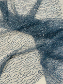 Sparkling Glitter Beads Sequin Fabric, Wave Design, Fabric Embroidered on a Mesh Lace Wedding Bridal Dress.