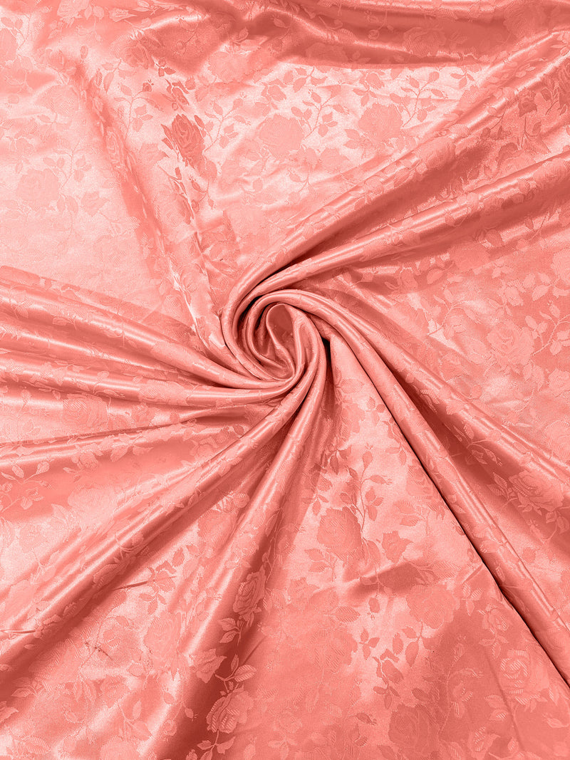 Coral New Colors 60" Wide Polyester Roses/Flowers Brocade Jacquard Satin Fabric/Cosplay Costumes, Skirts, Table Linen/Sold By The Yard.