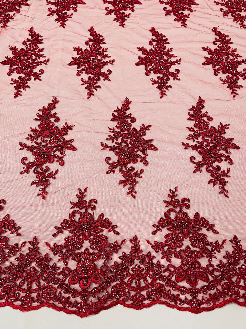 FLORAL DAMASK BEADED LACE ON MESH FABRIC (By The Yard)