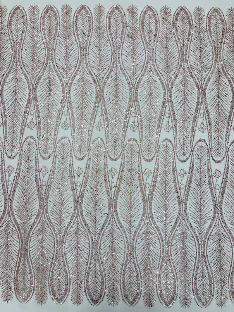 GLITTER FEATHER DAMASK DESIGN MESH LACE FABRIC (By The Yard)