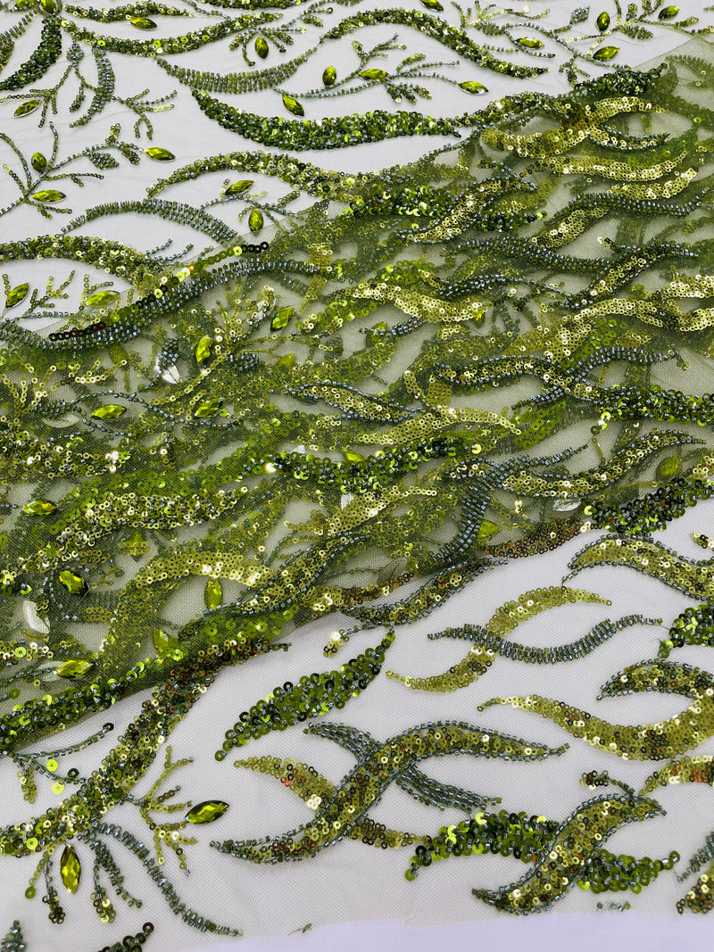 JEWEL VINE BEADED LACE ON MESH FABRIC (By The Yard)