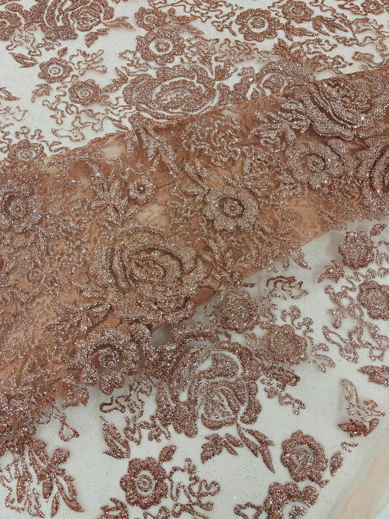 3D Full Roses Chunky Glitter Design On A Mesh Lace Fabric/Prom.