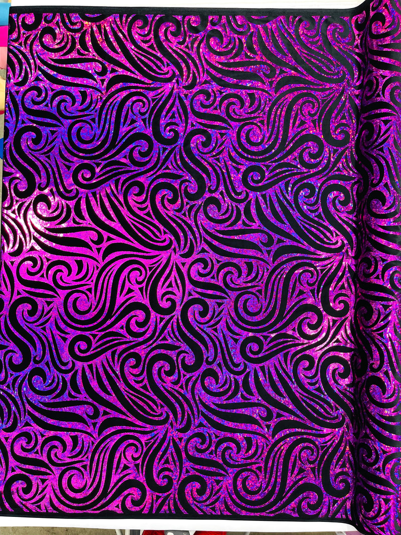 Holographic Foil Tribal Flame Design On A Stretch Velvet  Fabric. By The Yard