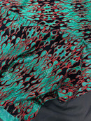 Hot Rod Tricot Holographic 4 Way Spandex With Black Flocking Flames And Red Glitter Fabric-