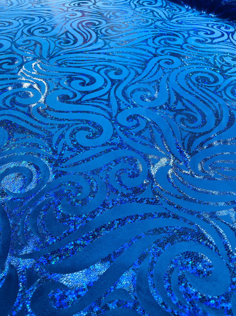 Holographic Foil Tribal Flame Design On A Stretch Velvet  Fabric. By The Yard