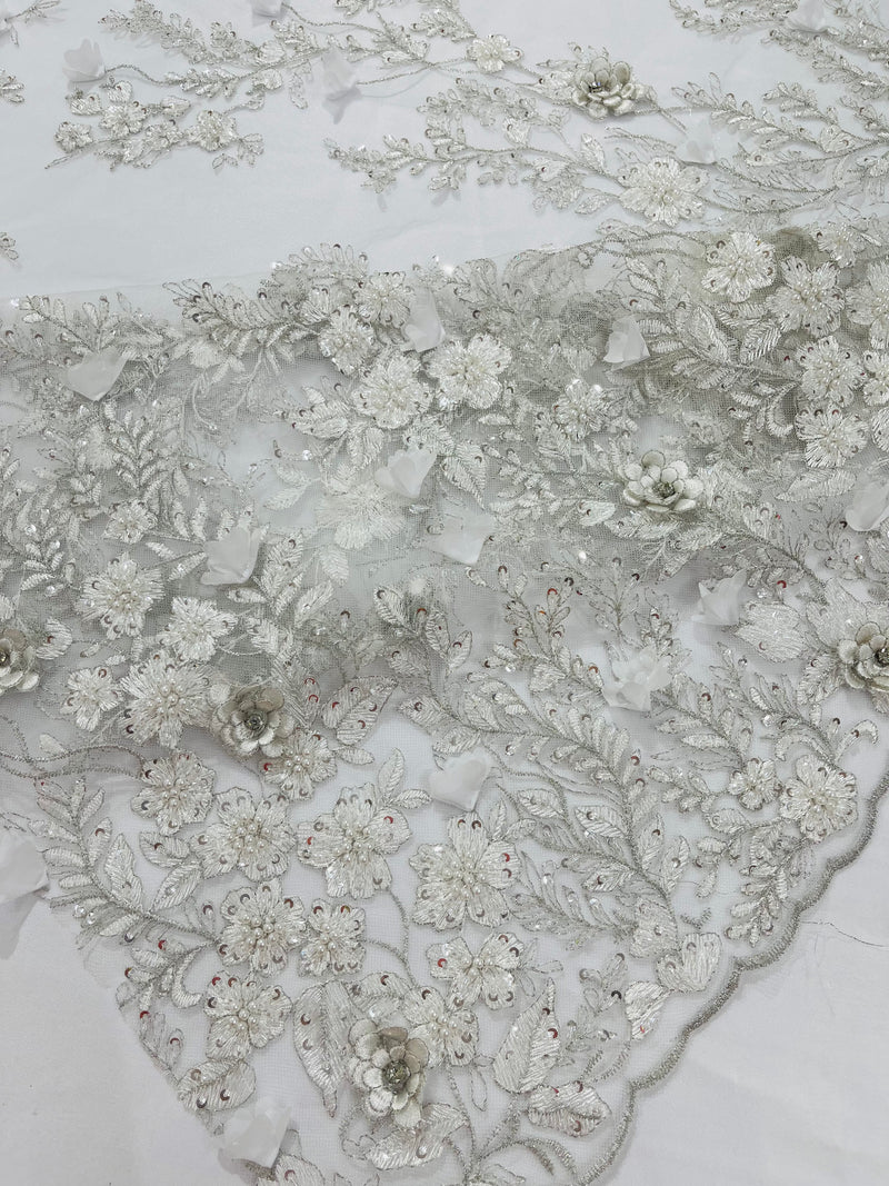 3D floral design embroider and beaded with rhinestones on a mesh lace prom/wedding/sold by yard.