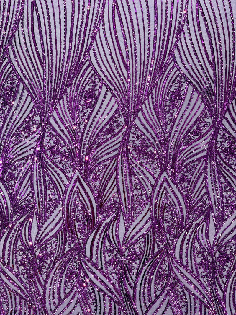 Geometric Feather wing shiny sequin design on a 4 way stretch mesh Fabric-old by the yard.