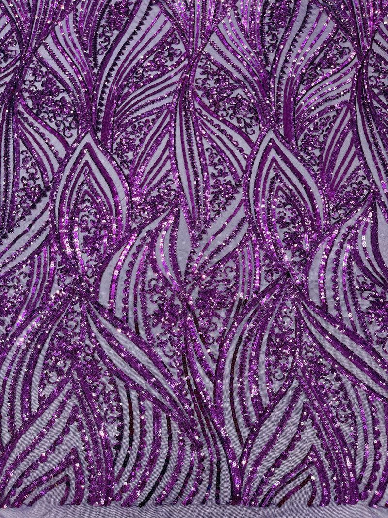 Geometric Feather wing shiny sequin design on a 4 way stretch mesh Fabric-old by the yard.