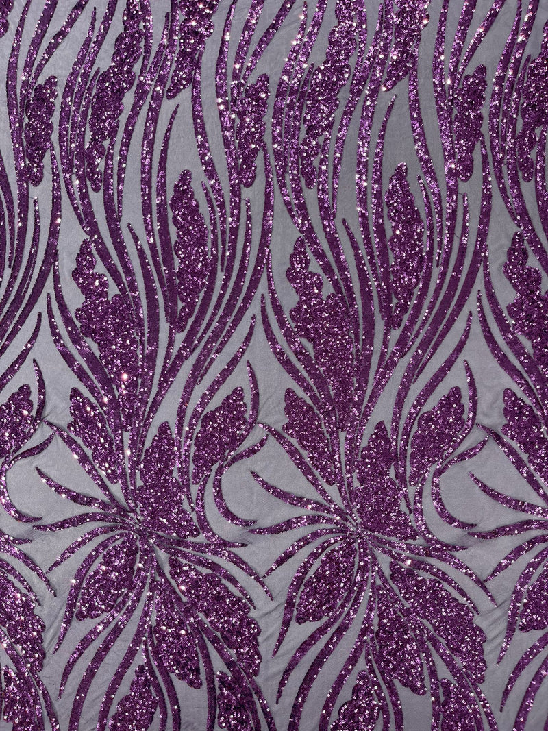 Feather damask shiny sequin design on a 4 way stretch mesh Fabric-sold by The yard.