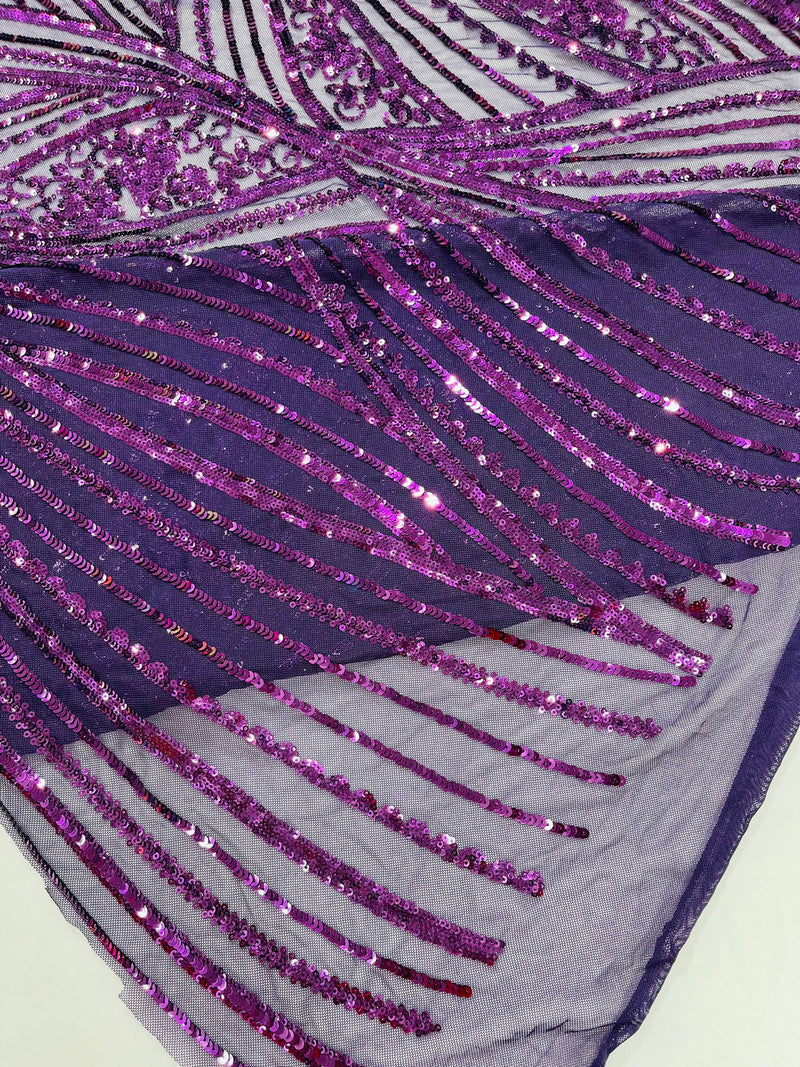 Geometric Feather wing shiny sequin design on a 4 way stretch mesh Fabric-old by the yard.