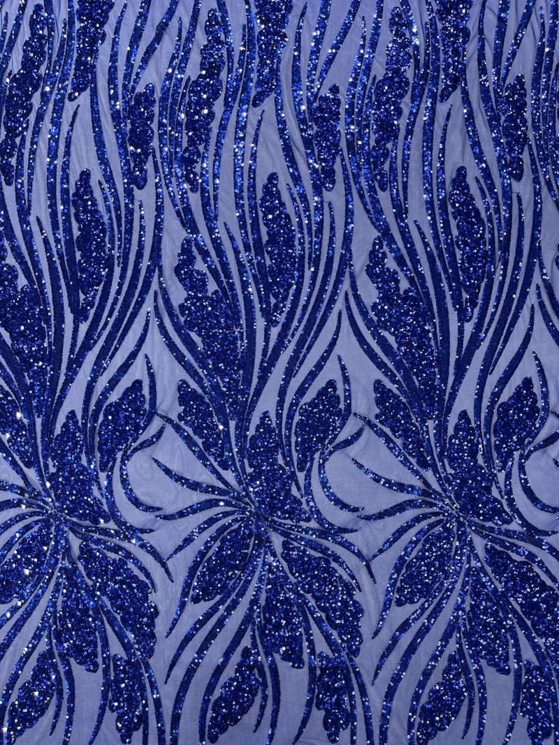 Feather damask shiny sequin design on a 4 way stretch mesh Fabric-sold by The yard.