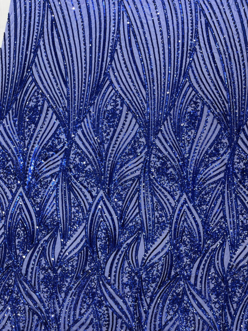 Geometric Feather wing shiny sequin design on a 4 way stretch mesh Fabric-old by the yard.