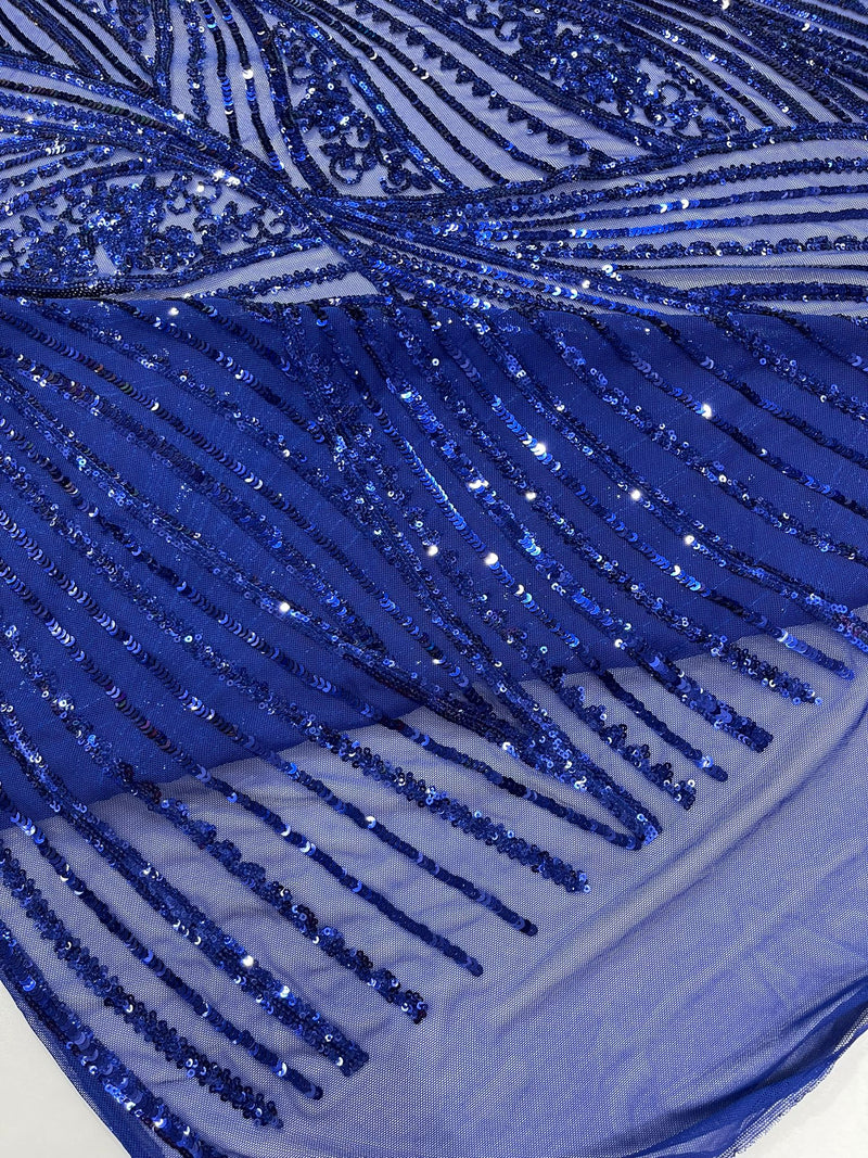 Geometric Feather wing shiny sequin design on a 4 way stretch mesh Fabric-old by the yard.