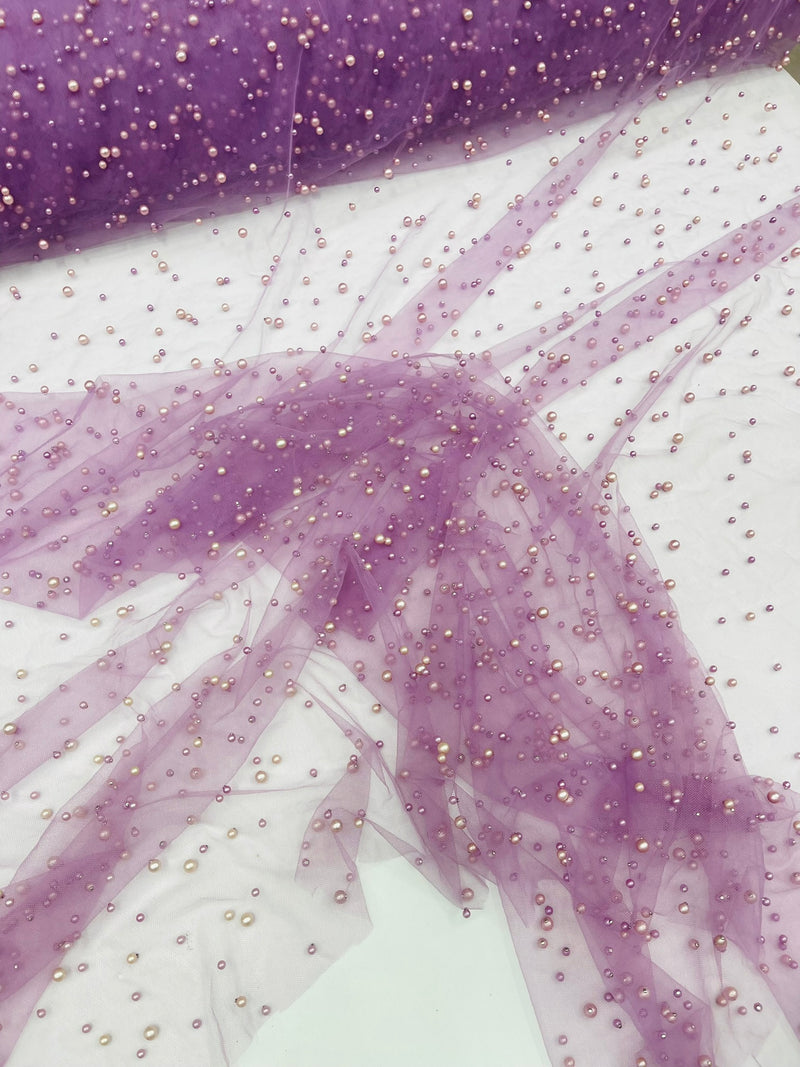 Heavy Scattered Pearls Studded Mesh, 2-Way Stretch, sold by the yard.