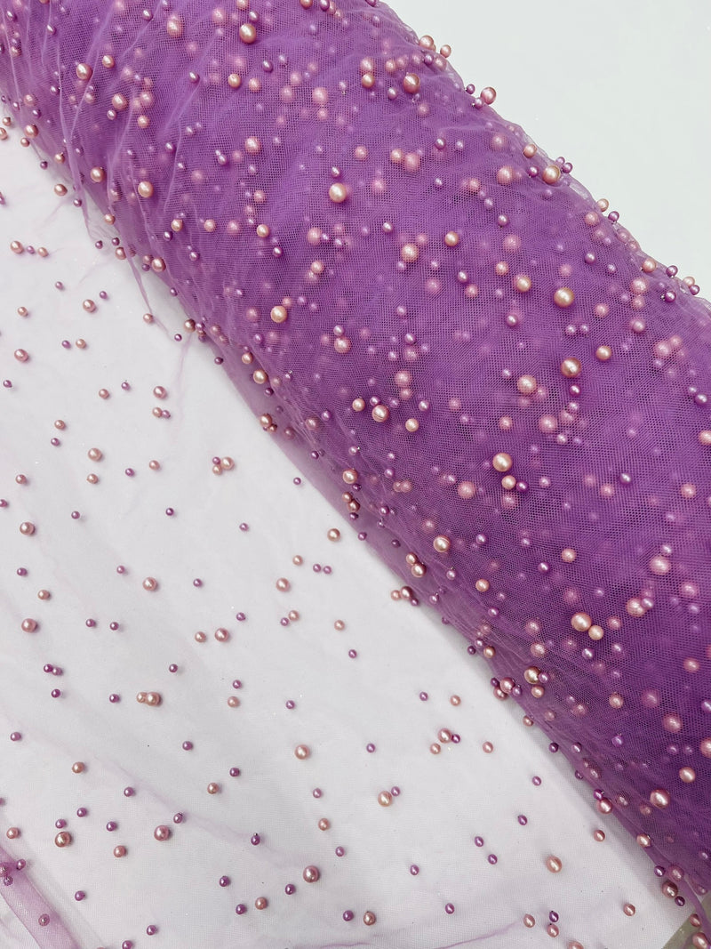 Heavy Scattered Pearls Studded Mesh, 2-Way Stretch, sold by the yard.