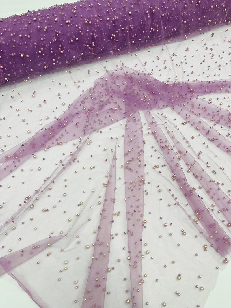 Heavy Scattered Pearls Studded Mesh, 2-Way Stretch, sold by the yard.