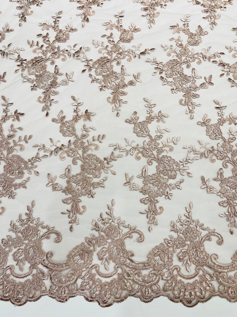 Dusty Mauve Corded embroider flowers on a mesh lace fabric-prom-sold by the yard.