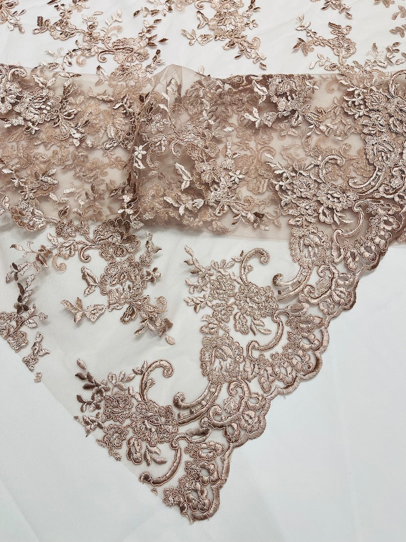 Dusty Mauve Corded embroider flowers on a mesh lace fabric-prom-sold by the yard.