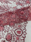 Floral 3D Palm Damask with Glitter in a Mesh Lace- Sold by the yard.