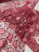 Floral 3D Palm Damask with Glitter in a Mesh Lace- Sold by the yard.