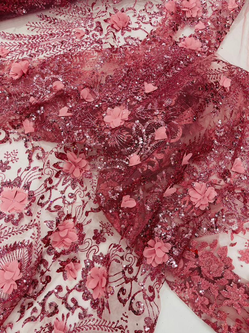 Floral 3D Palm Damask with Glitter in a Mesh Lace- Sold by the yard.