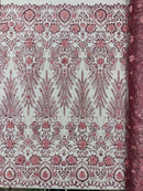 Floral 3D Palm Damask with Glitter in a Mesh Lace- Sold by the yard.