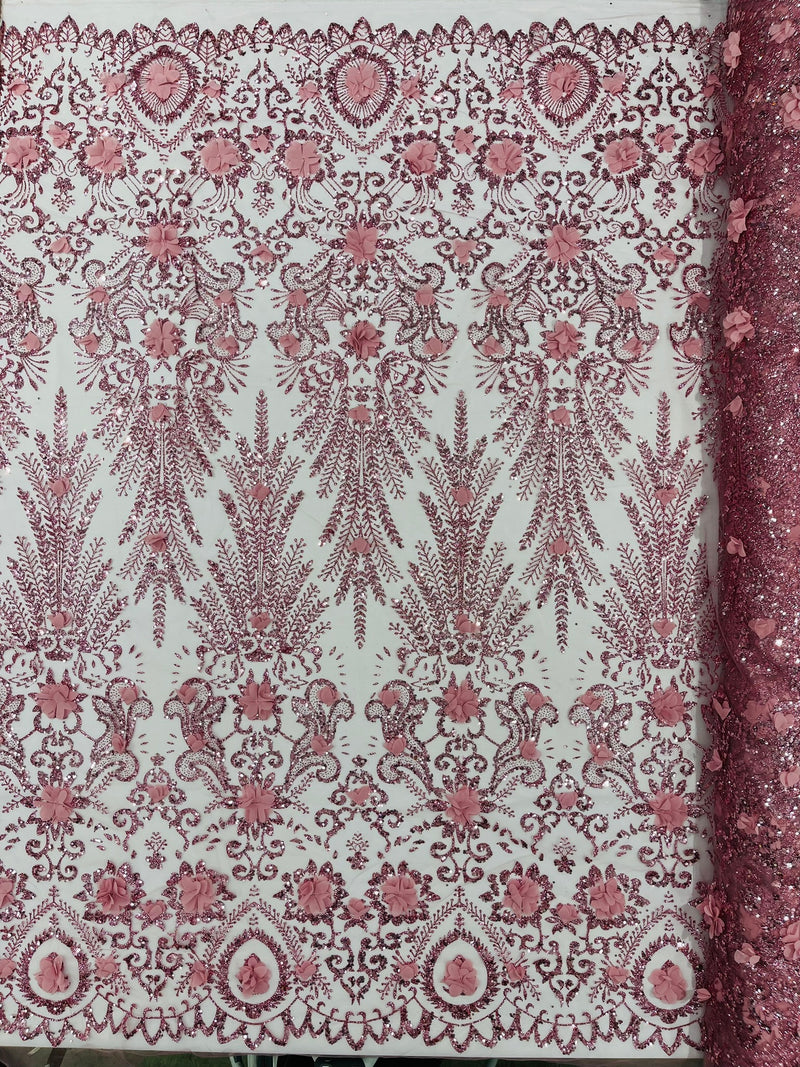 Floral 3D Palm Damask with Glitter in a Mesh Lace- Sold by the yard.