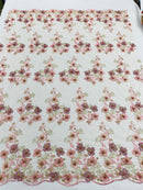 Multi Color 3D Floral Design Embroider with Pearls in a Mesh Lace Fabric -Sold by the yard.
