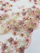 Multi Color 3D Floral Design Embroider with Pearls in a Mesh Lace Fabric -Sold by the yard.