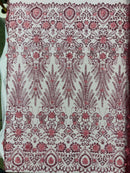 Floral 3D Palm Damask with Glitter in a Mesh Lace- Sold by the yard.