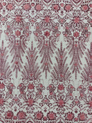 Floral 3D Palm Damask with Glitter in a Mesh Lace- Sold by the yard.