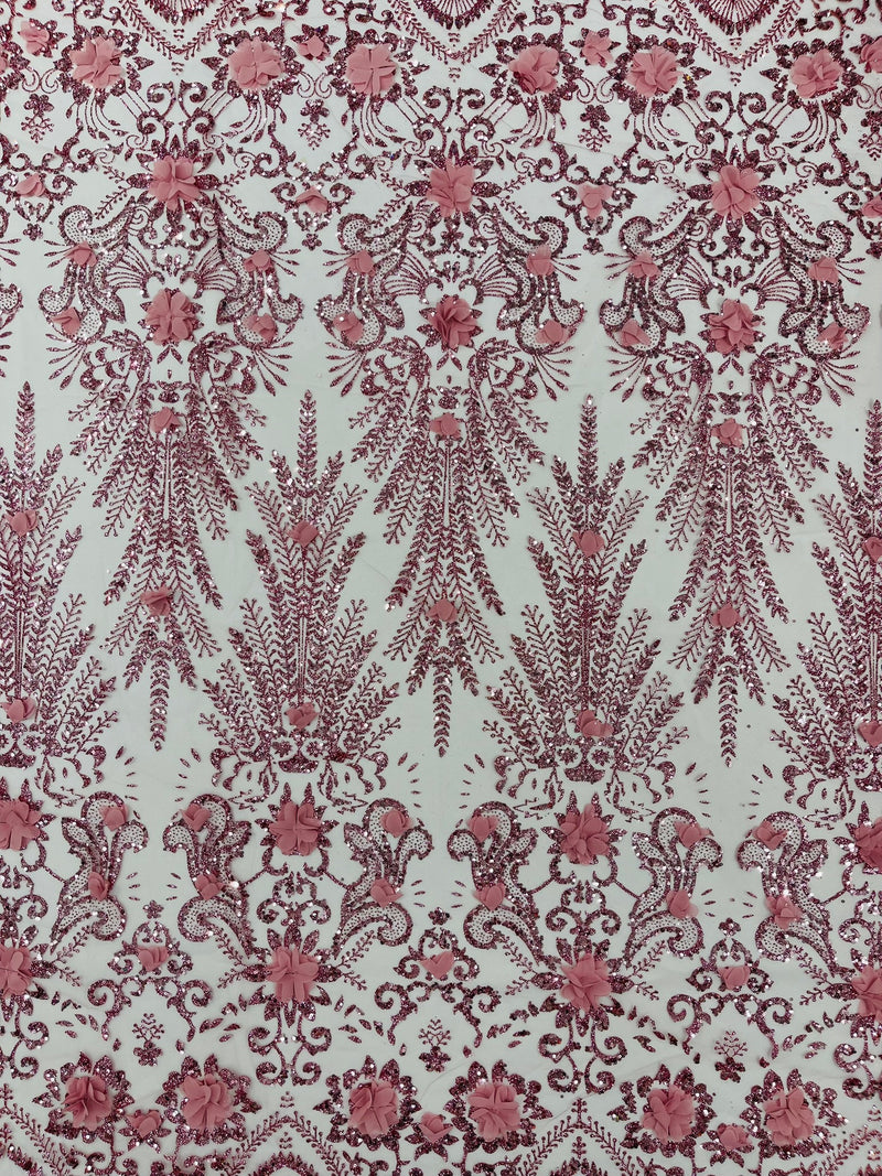 Floral 3D Palm Damask with Glitter in a Mesh Lace- Sold by the yard.