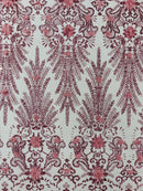Floral 3D Palm Damask with Glitter in a Mesh Lace- Sold by the yard.