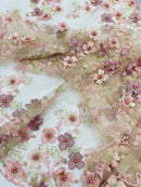 Multi Color 3D Floral Design Embroider with Pearls in a Mesh Lace Fabric -Sold by the yard.