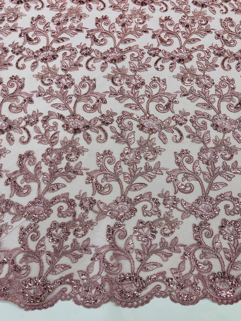 Dusty Rose Corded french design-embroider with sequins on a mesh lace fabric-prom-nightgown-decorations-sold by the yard