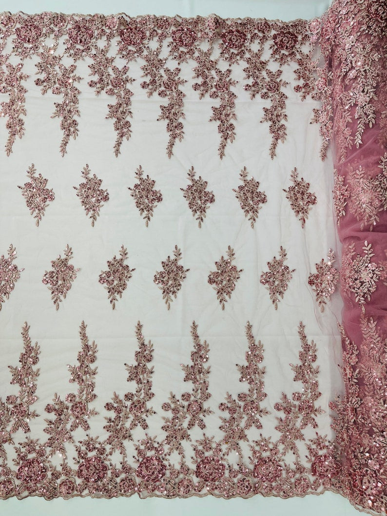 Dusty Rose Floral design embroider and beaded on a mesh lace fabric-Wedding/Bridal/Prom/Nightgown fabric