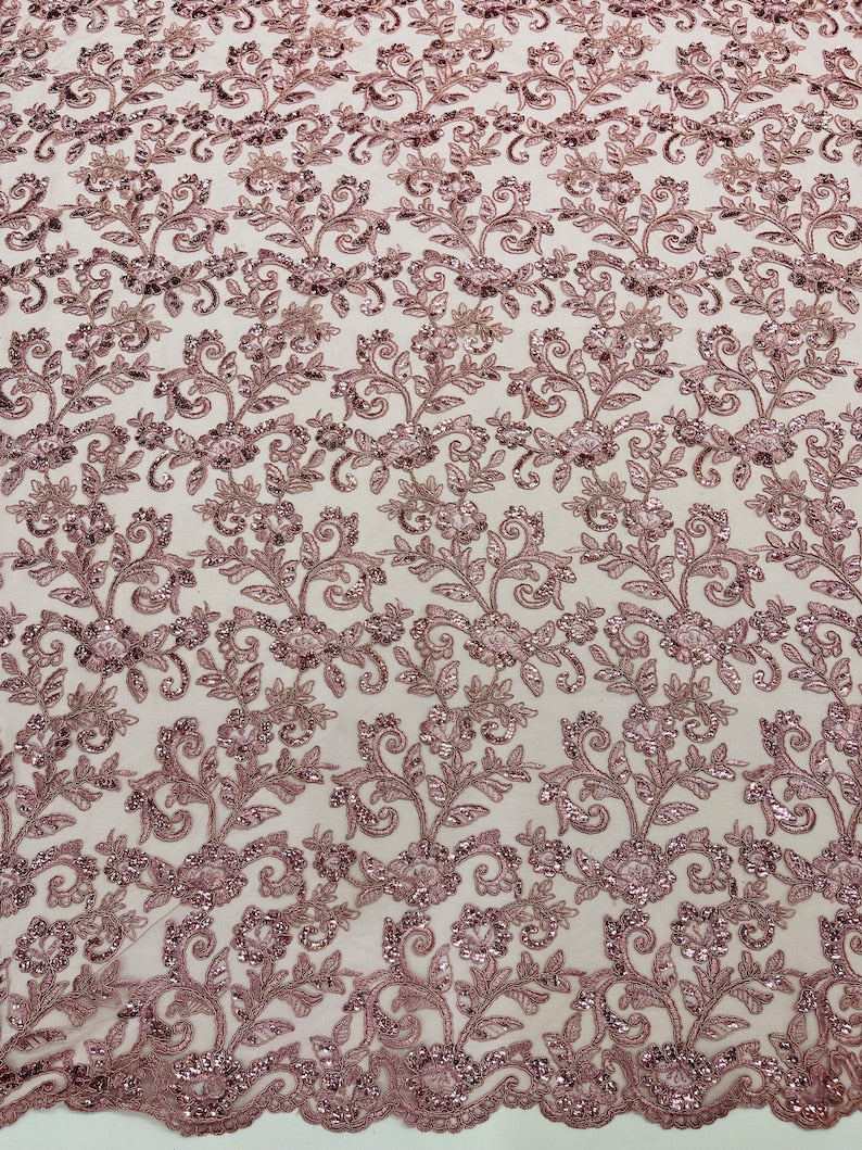 Dusty Rose Corded french design-embroider with sequins on a mesh lace fabric-prom-nightgown-decorations-sold by the yard