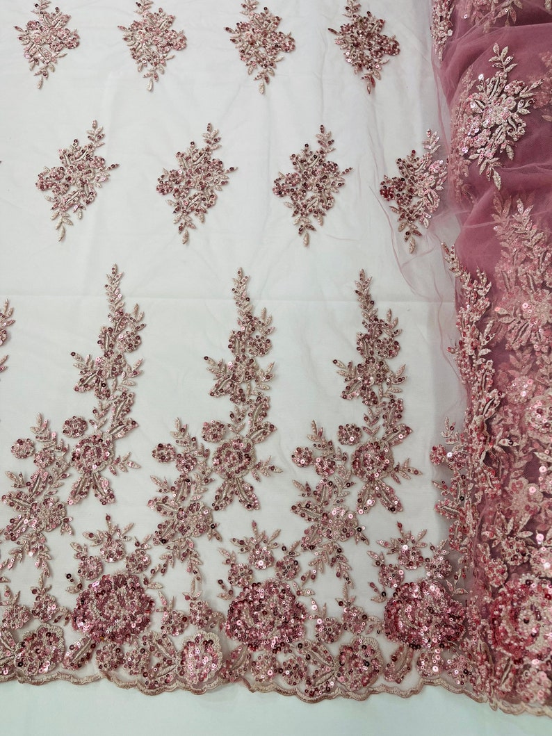 Dusty Rose Floral design embroider and beaded on a mesh lace fabric-Wedding/Bridal/Prom/Nightgown fabric