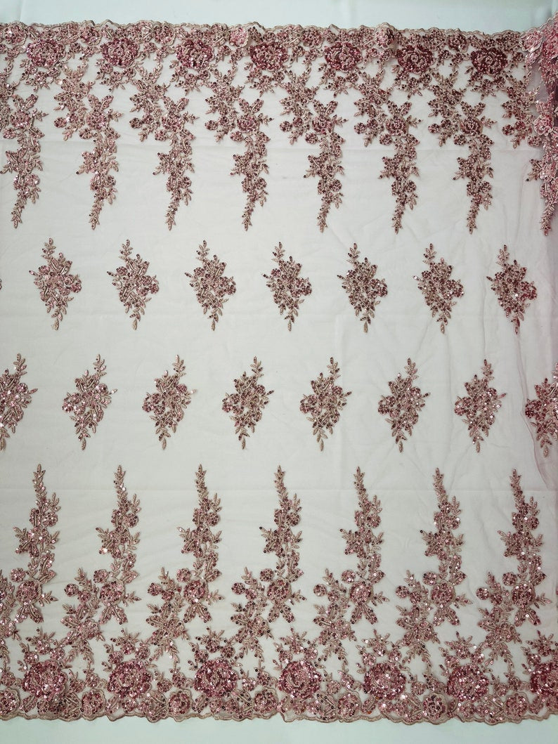 Floral design embroider and beaded on a mesh lace fabric-Wedding/Bridal/Prom/Nightgown fabric