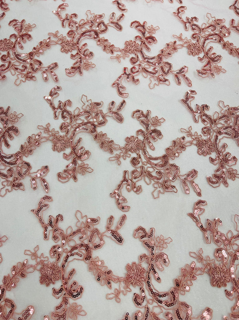 Dusty Rose Flower lace corded and embroider with sequins on a mesh-Sold by the yard.