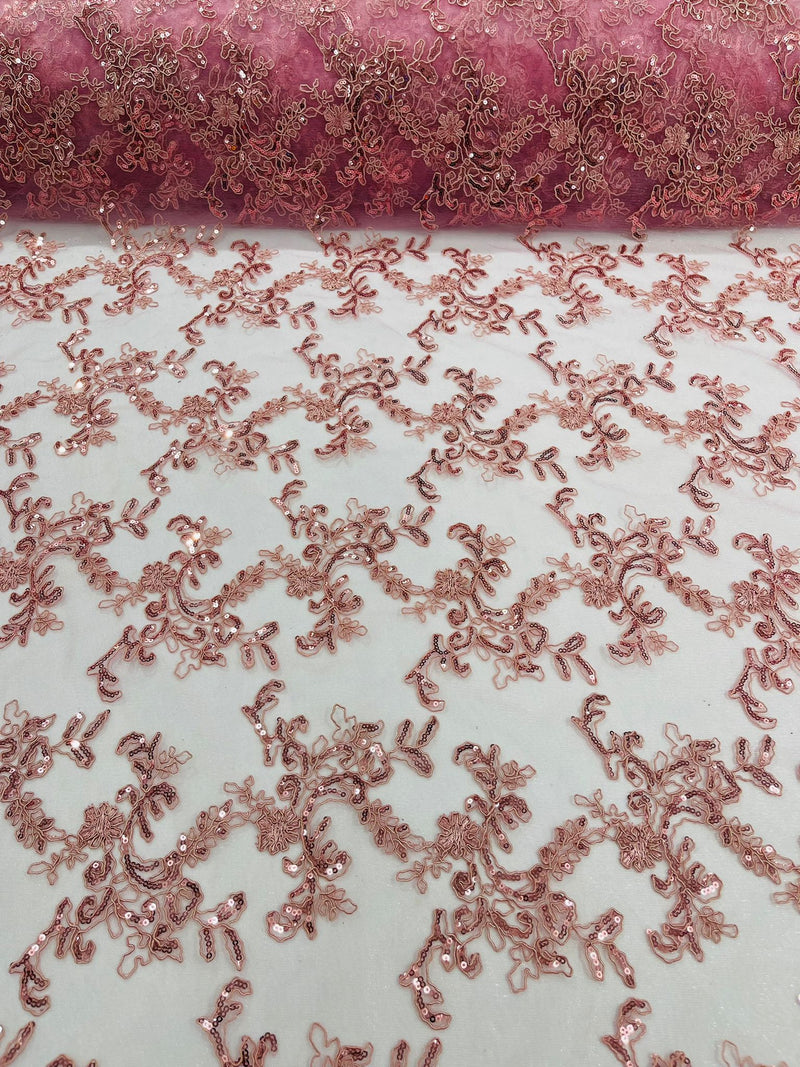 Dusty Rose Flower lace corded and embroider with sequins on a mesh-Sold by the yard.