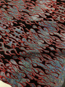 Hot Rod Tricot Holographic 4 Way Spandex With Black Flocking Flames And Red Glitter Fabric-